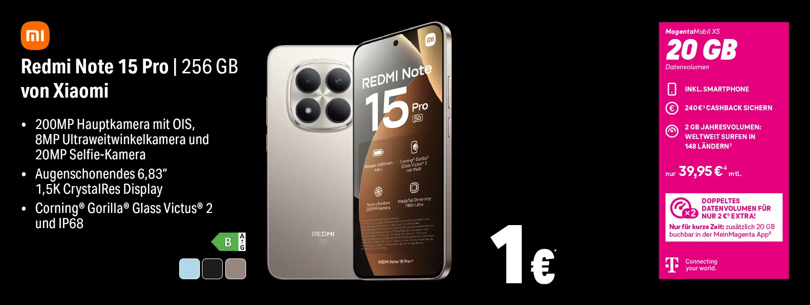 Werbegrafik: Xiaomi Redmi Note 15 Pro 256 GB mit MagentaMobil XS 20 GB
