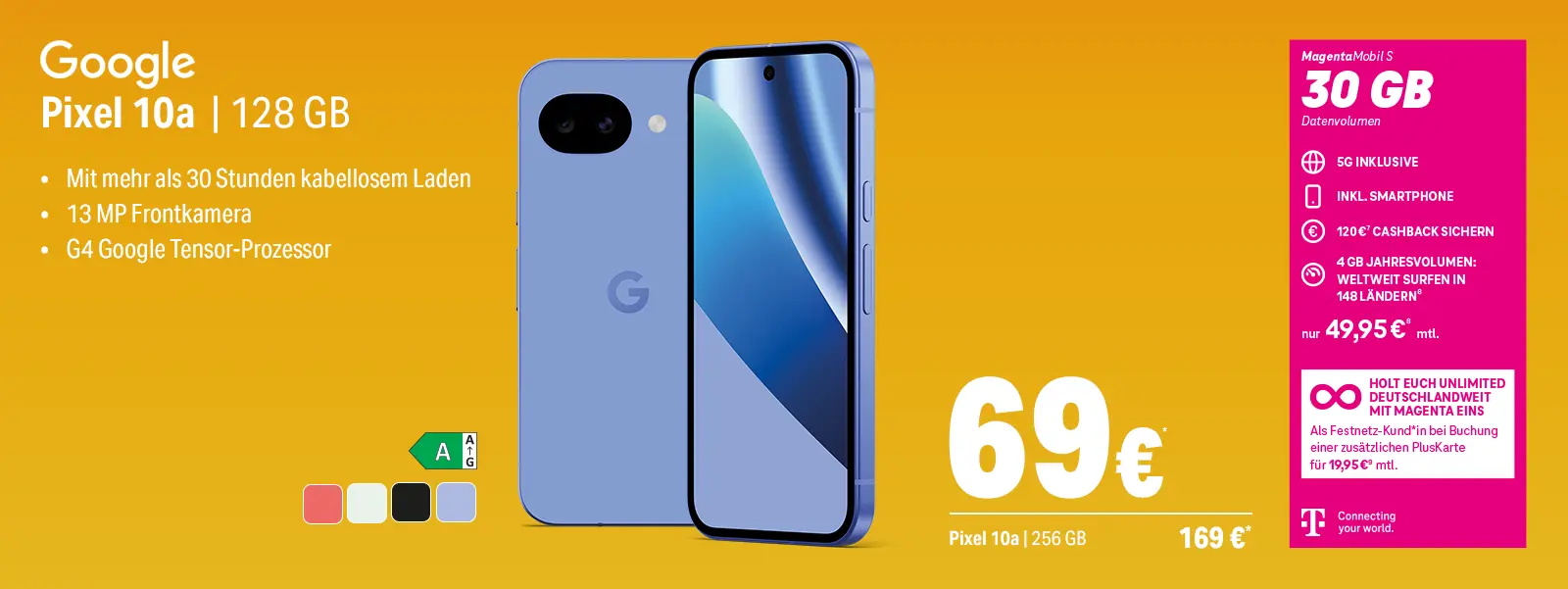 Werbebanner: Google Pixel 10a Smartphone mit 128 GB, 5G-Tarif und 30 GB Datenvolumen