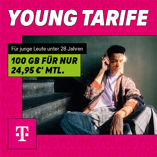 Junger Mann mit Kopfhörern wirbt für Telekom Young Tarife mit großem Datenvolumen.